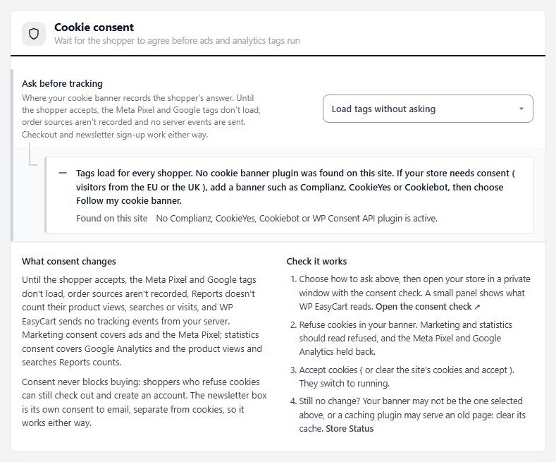 Settings › Integrations › Cookie consent, showing the Ask before tracking choice.