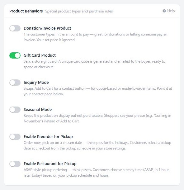 Type & Behavior › Product Behaviors, with the Gift Card Product switch.