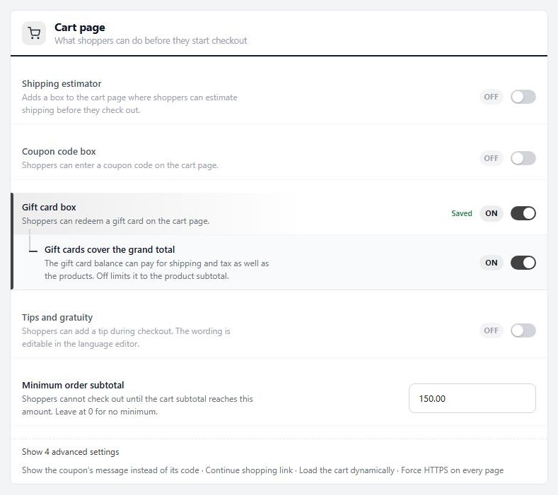 Settings › Checkout › Cart page, with Gift card box and Gift cards cover the grand total.