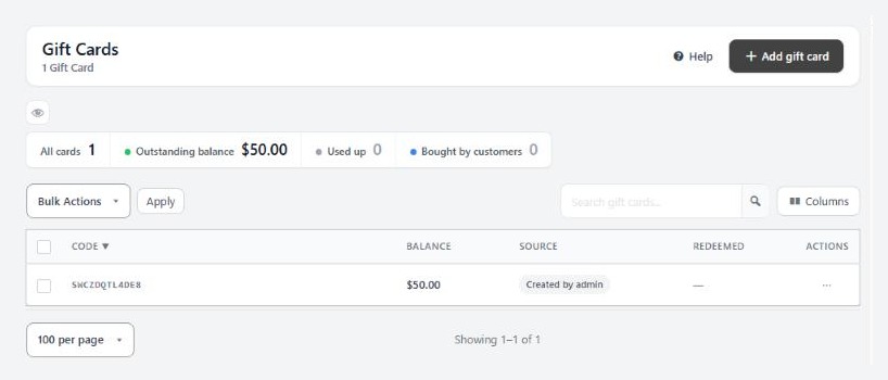 Marketing › Gift Cards, the list with its Add gift card button.