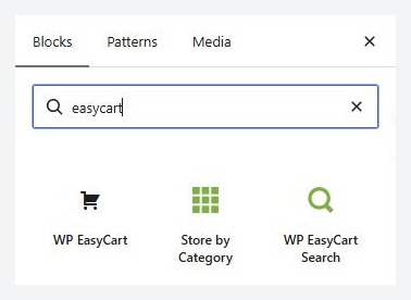Searching the block inserter for easycart finds the three blocks.