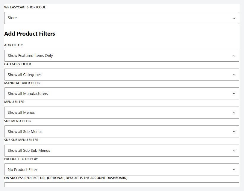 The WP EasyCart block set to Store, with the product filter fields.