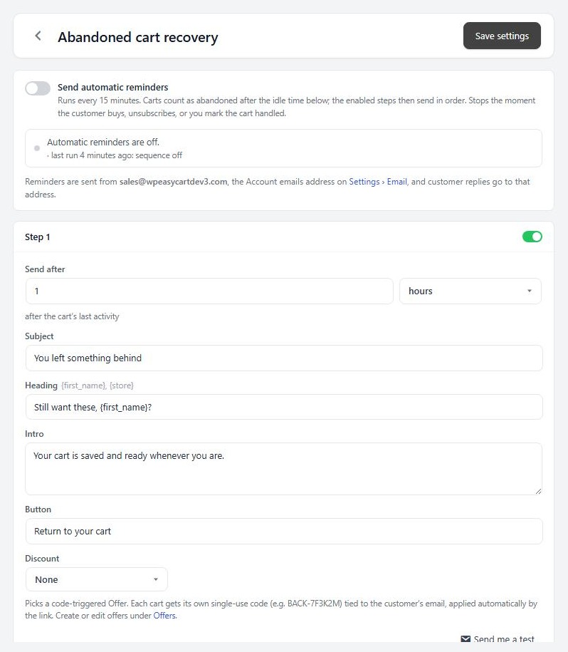 Marketing › Abandoned Cart › Sequence & settings, showing the automatic reminders switch and Step 1.