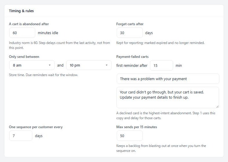 The Timing & rules card on Sequence & settings.