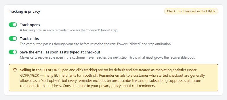 The Tracking & privacy card on Sequence & settings.