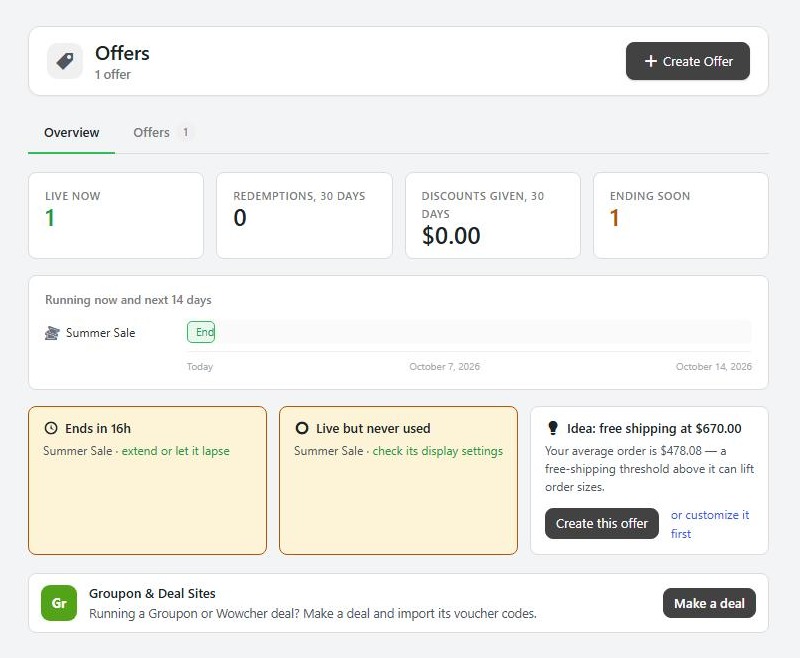 Marketing › Offers, the Overview tab, where live and scheduled offers are listed.