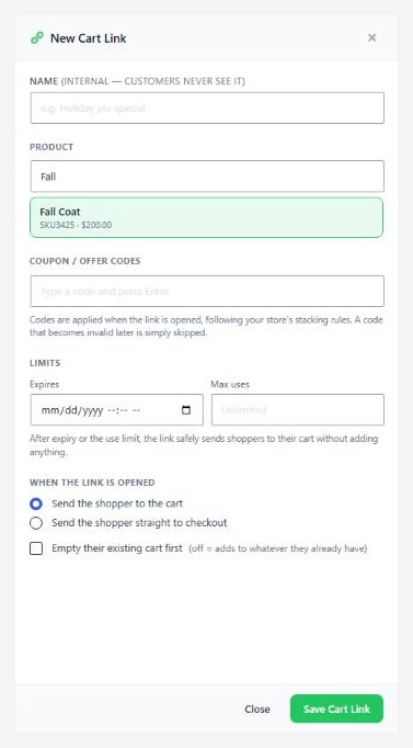 Marketing › Cart Links, with the New Cart Link panel open.