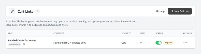 Marketing › Cart Links, showing the list of links with their uses and status.