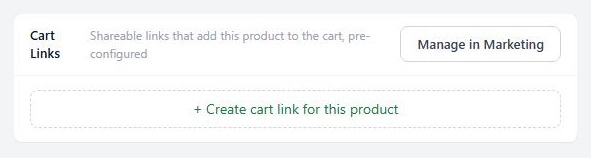 A product editor, SEO & Marketing tab, showing the Cart Links card.