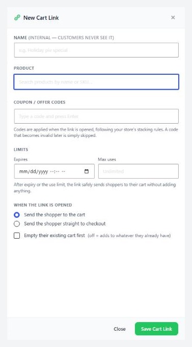 The New Cart Link panel, lower half, with Coupon / offer codes and Limits.