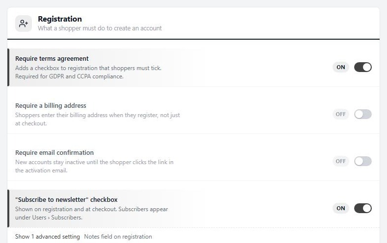 Settings › Accounts › Registration, with the Subscribe to newsletter checkbox setting.