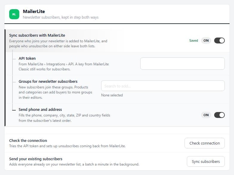 Settings › Email marketing, showing the MailerLite section.