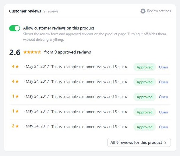 A product editor, Reviews tab, showing the Customer reviews card and its switch.