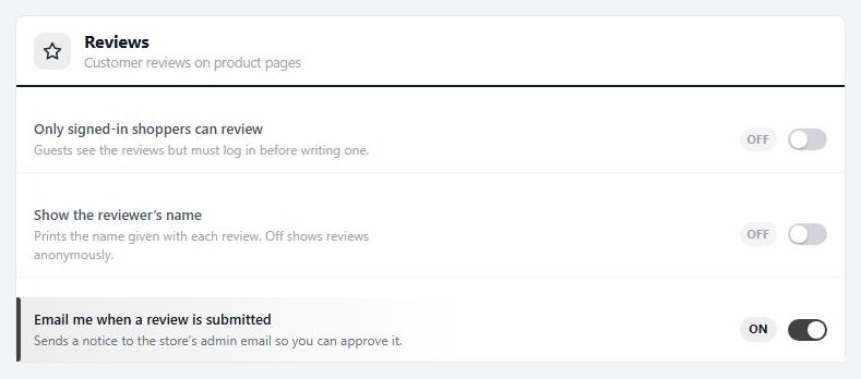 Settings › Products › Reviews, showing the three review switches.