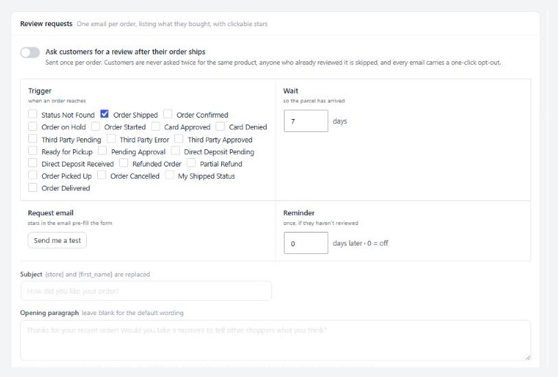 Products › Product Reviews › Requests & rules, with review requests and the timeline.