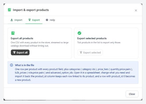 The Import & export products panel, Export tab.