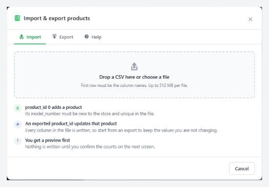 The Import & export products panel, Import tab, before a file is chosen.