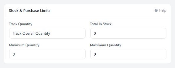 Inventory & Shipping › Stock & Purchase Limits, with Track Quantity.