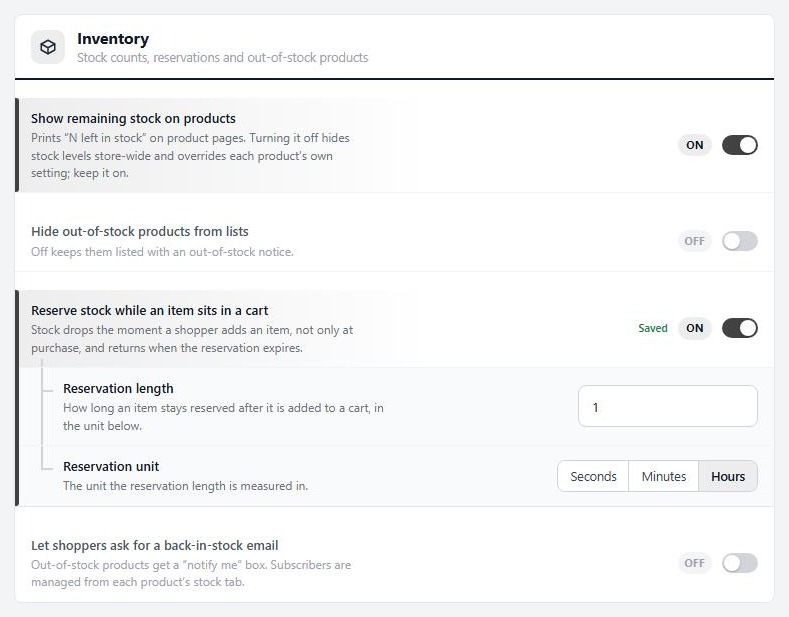 Settings › Products › Inventory, with out-of-stock and cart reservation switches.