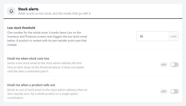 Settings › Checkout › Stock alerts.