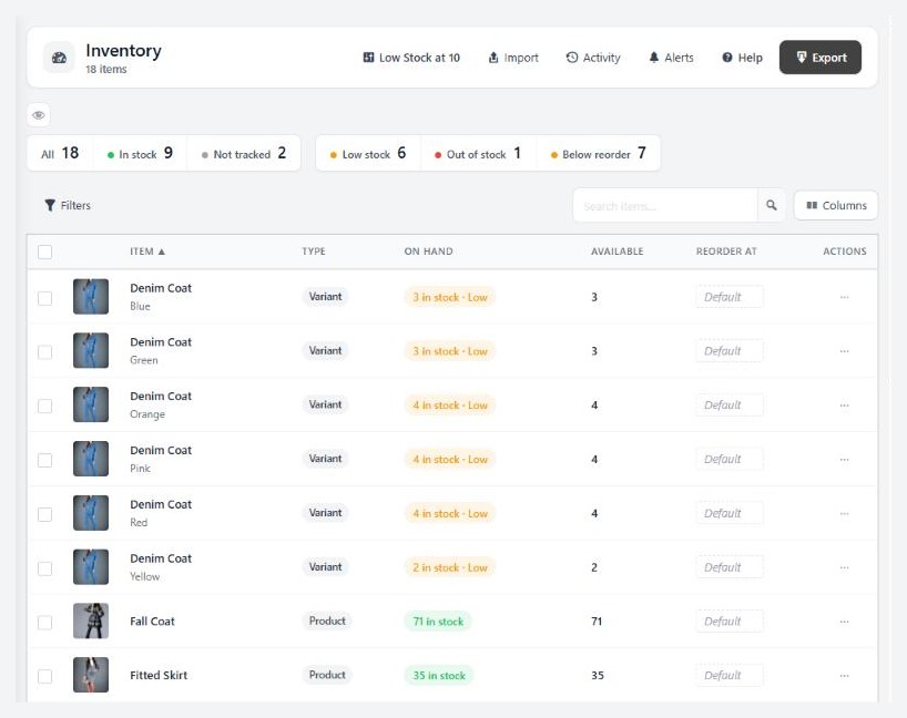 Products › Inventory, with the stock status strip and the On Hand column.