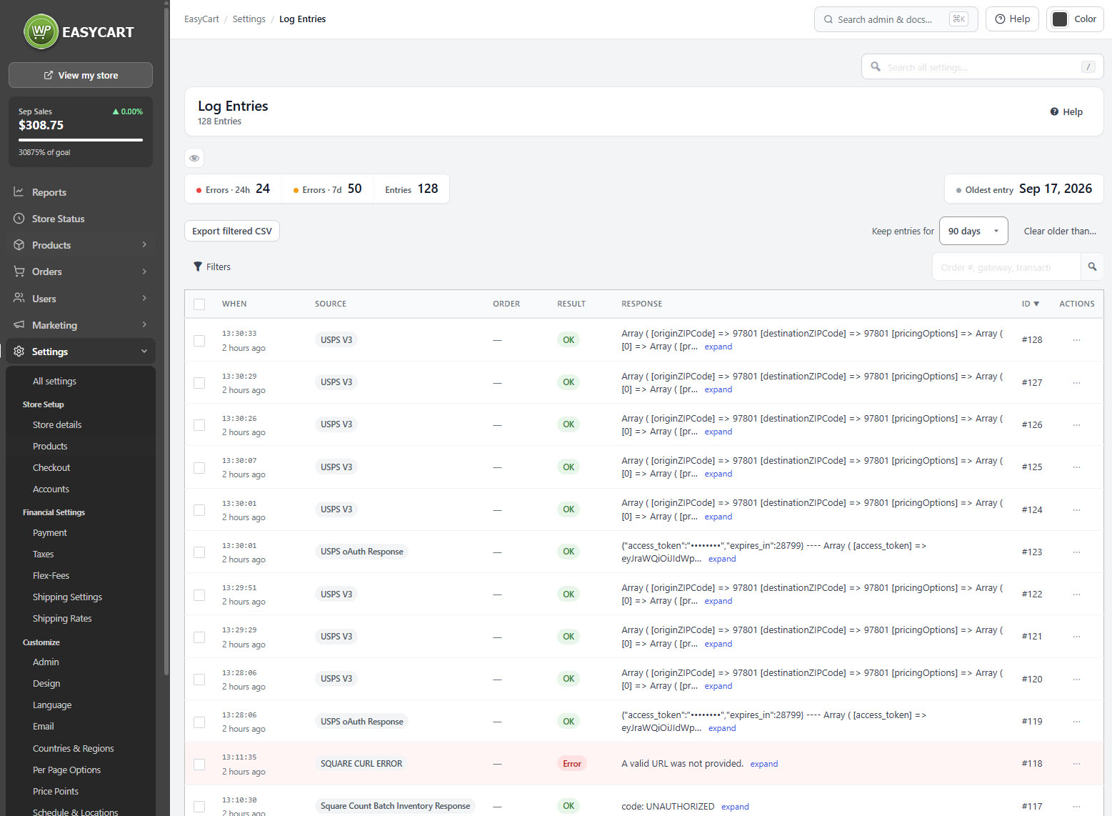 Settings › Log Entries, showing the counters, the filter pills and a row expanded to its full payload.