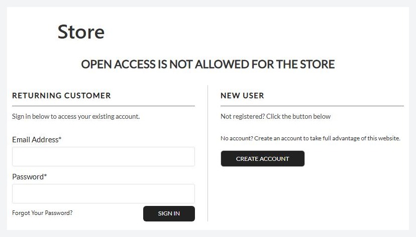 The store page as a signed-out visitor sees it when the store is limited to a role.