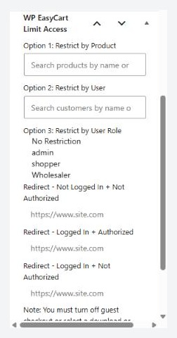 The WP EasyCart Limit Access box in the page editor sidebar.