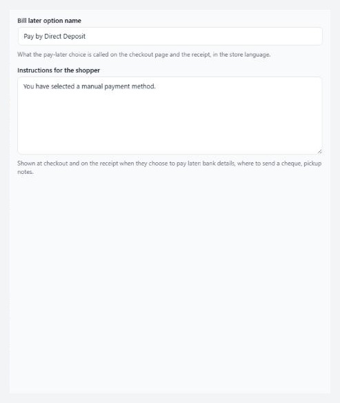 Settings › Payment, where Bill later is turned on.