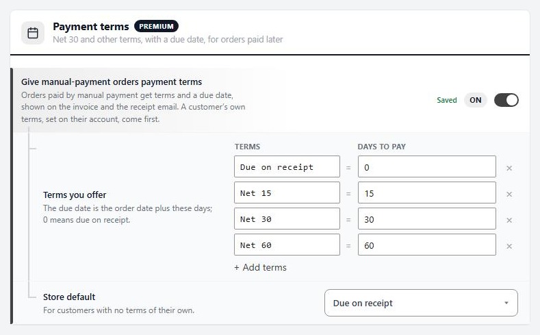 Settings › Documents › Payment terms.