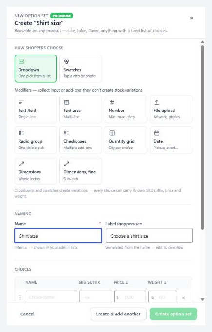 Products › Option Sets › Add option set, where you choose how shoppers choose.
