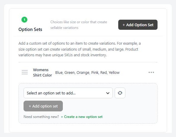 A product’s Options & Variants tab, with the option sets and variations cards.