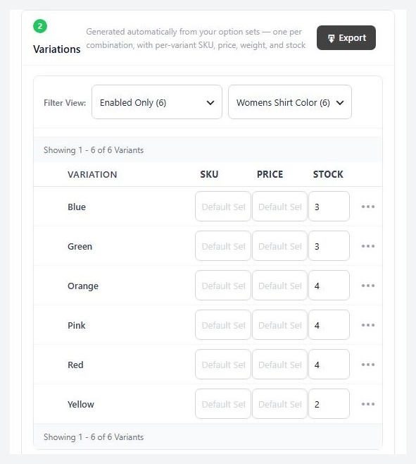The Variations card, with the SKU, price and stock for each combination.