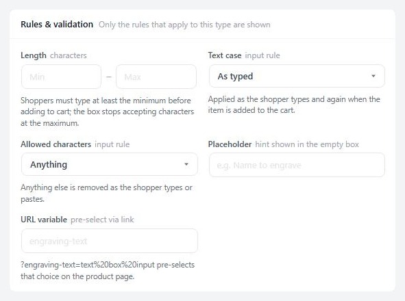 The option set editor, Rules & validation, for a text input modifier.