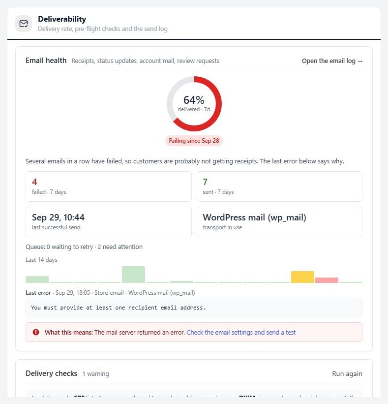 Settings › Email › Deliverability: Email health, Delivery checks and the Send a test email button.