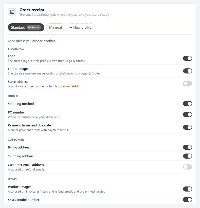 Settings › Documents, with the order receipt switches and the live preview beside them.