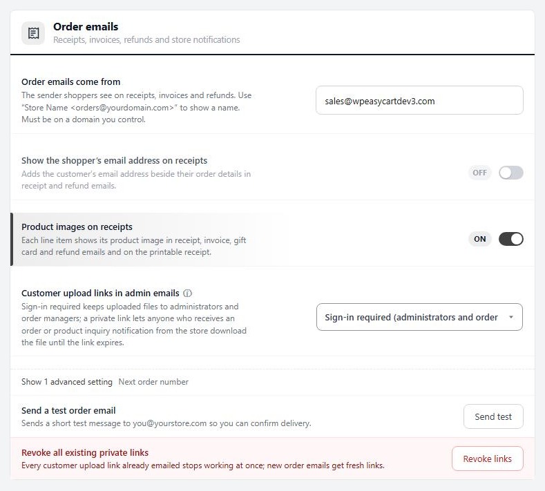 Settings › Email › Order emails, with the sender address and the test button.