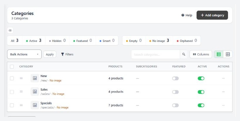 Products › Categories, the category list with Add category.