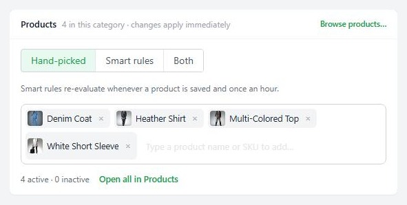 The Products card in the category editor, with the Hand-picked, Smart rules and Both options.