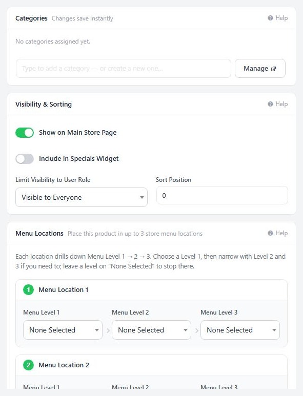 A product’s Organization tab, with Categories, Visibility & Sorting, Menu Locations and Featured Products.