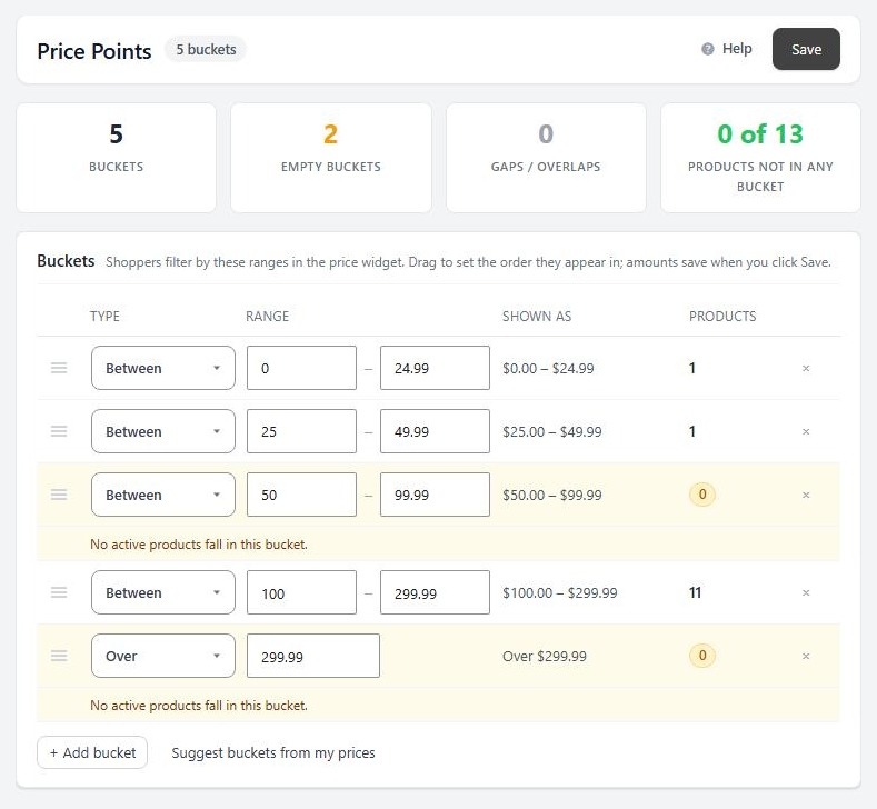 Settings › Price points, with the buckets that shoppers filter by.