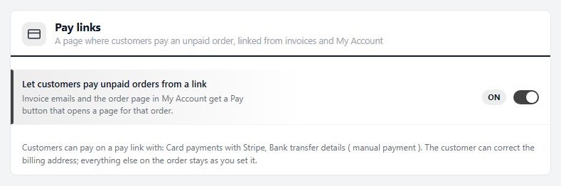 Settings › Documents › Pay links, with the switch and the list of payment methods that work on a pay link.
