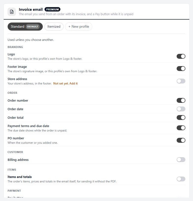 Settings › Documents › Invoice email, with its profile and the preview.