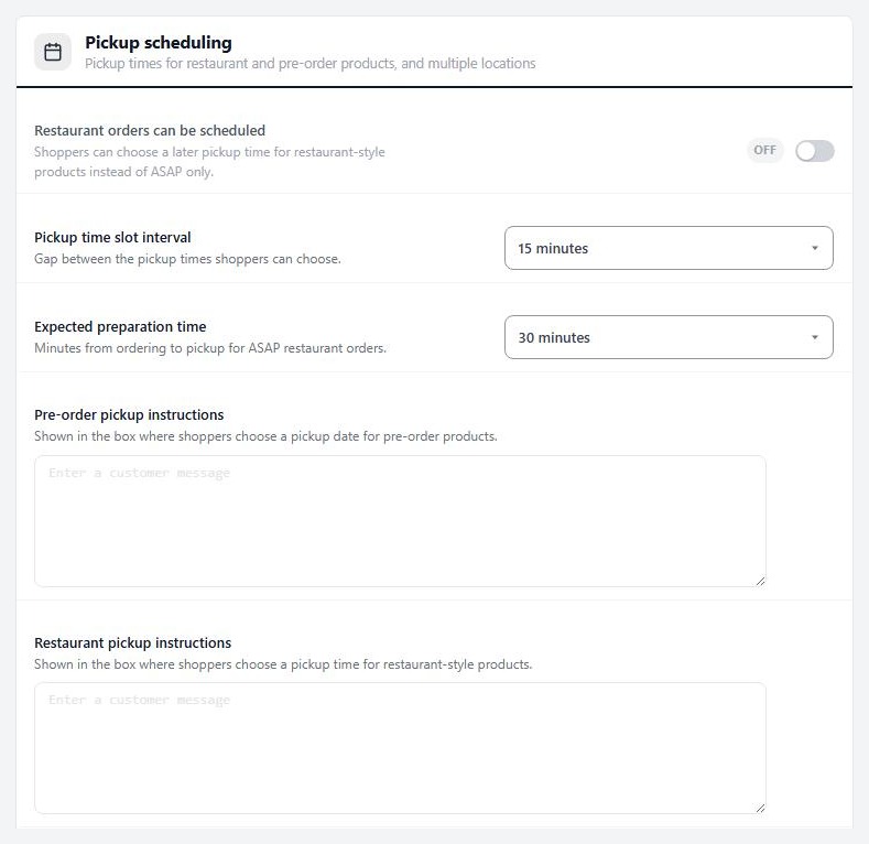Settings › Checkout › Pickup scheduling, with the restaurant switches.