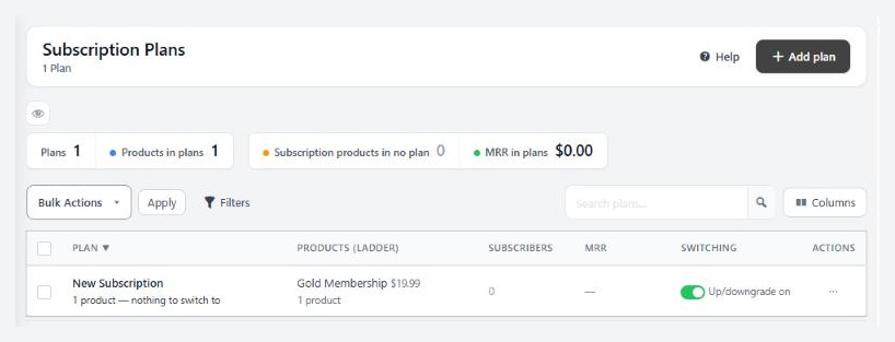 Products › Subscription Plans, the plan list with its Add plan button.