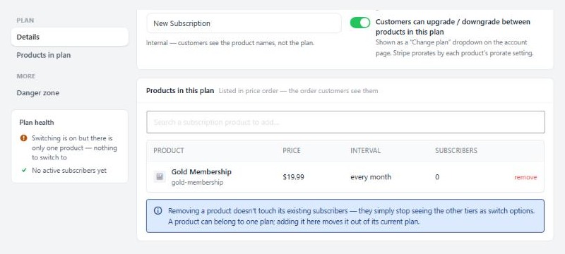 A plan open in its editor, with the Switching toggle and Products in this plan.