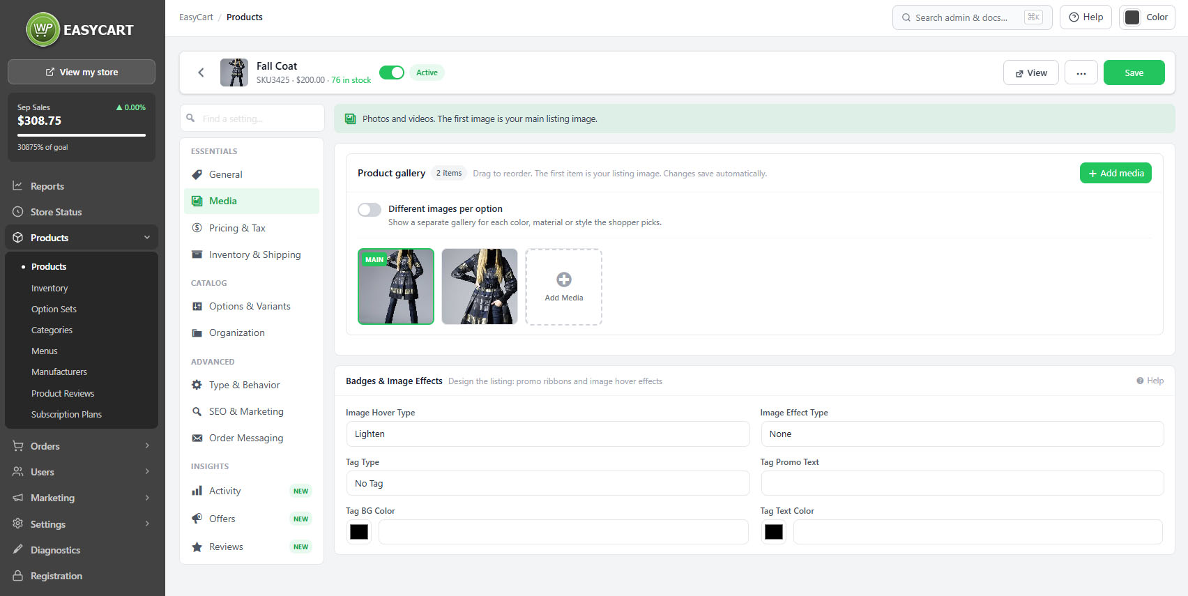 The product editor, Media tab, showing the image gallery with the listing image first.