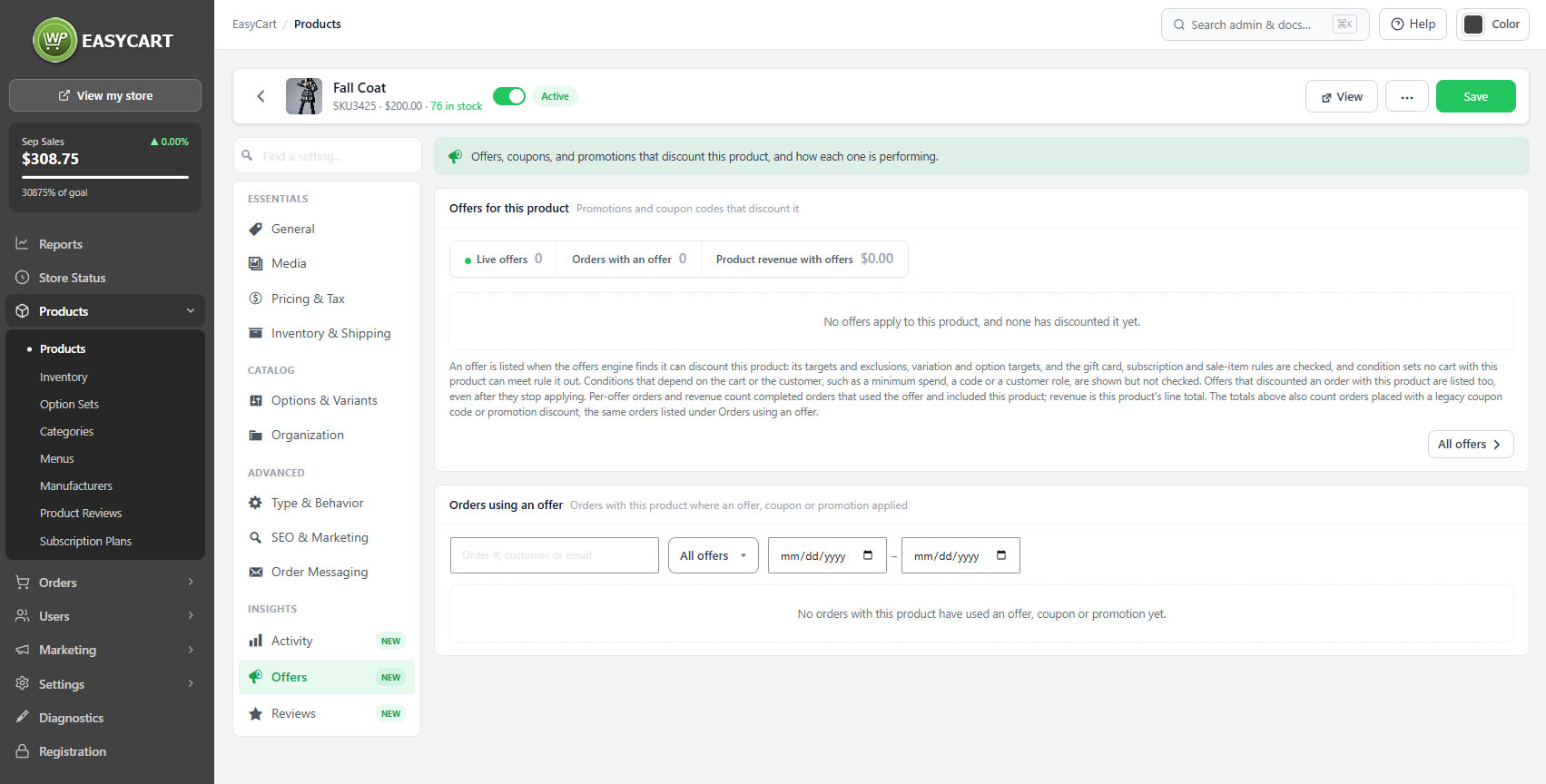 The product editor, Offers tab, showing live offers against this product with uses and revenue.