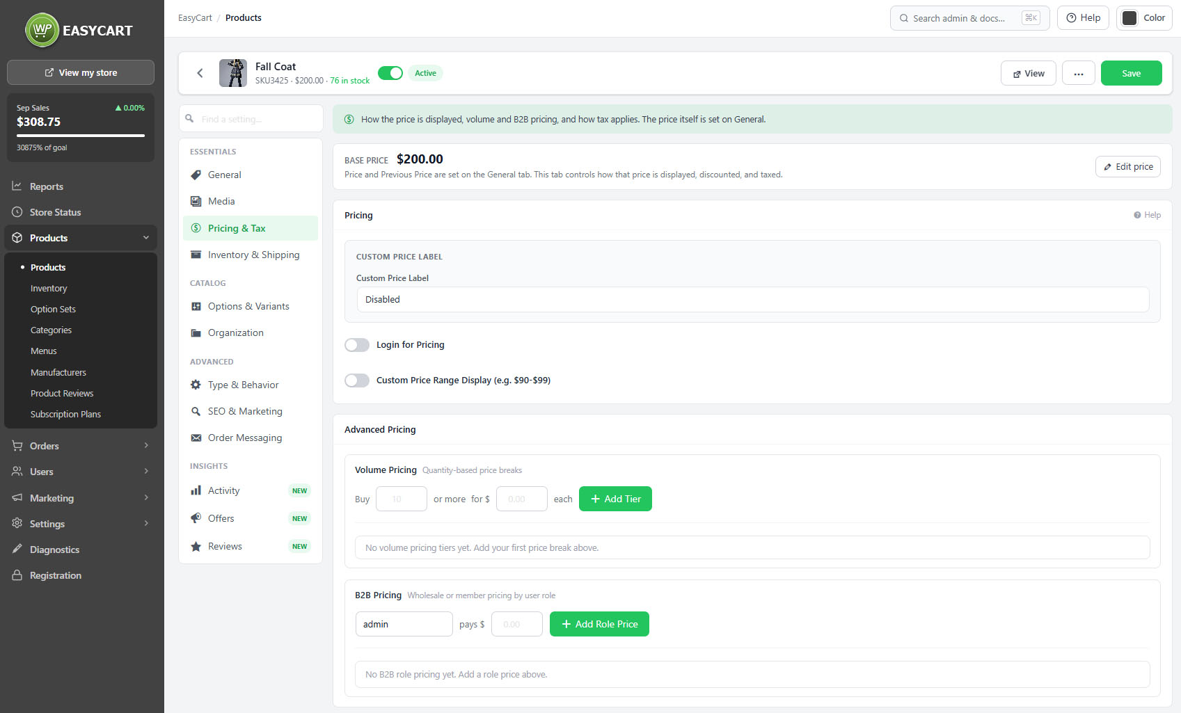 The product editor, Pricing tab, showing base price, previous price and the volume pricing tiers.