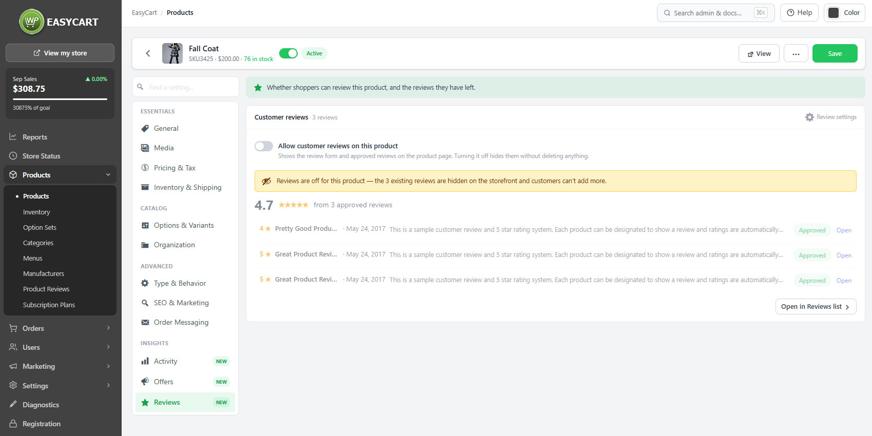 The product editor, Reviews tab, showing reviews for this product with approval controls.